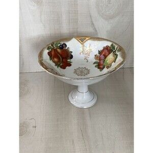 Vintage Footed Candy Dish Nut Dish Fruit & Cutout Design Gold Trim Fruit Painted